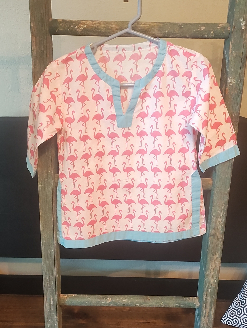 Pottery Barn Kids Pink Flamingo Print Long Sleeve Top with Light Blue Trim